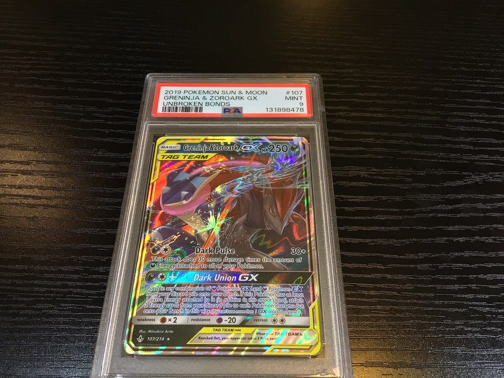 PSA 9 Pokémon Greninja & Zoroark GX 107/214 - Unbroken Bonds